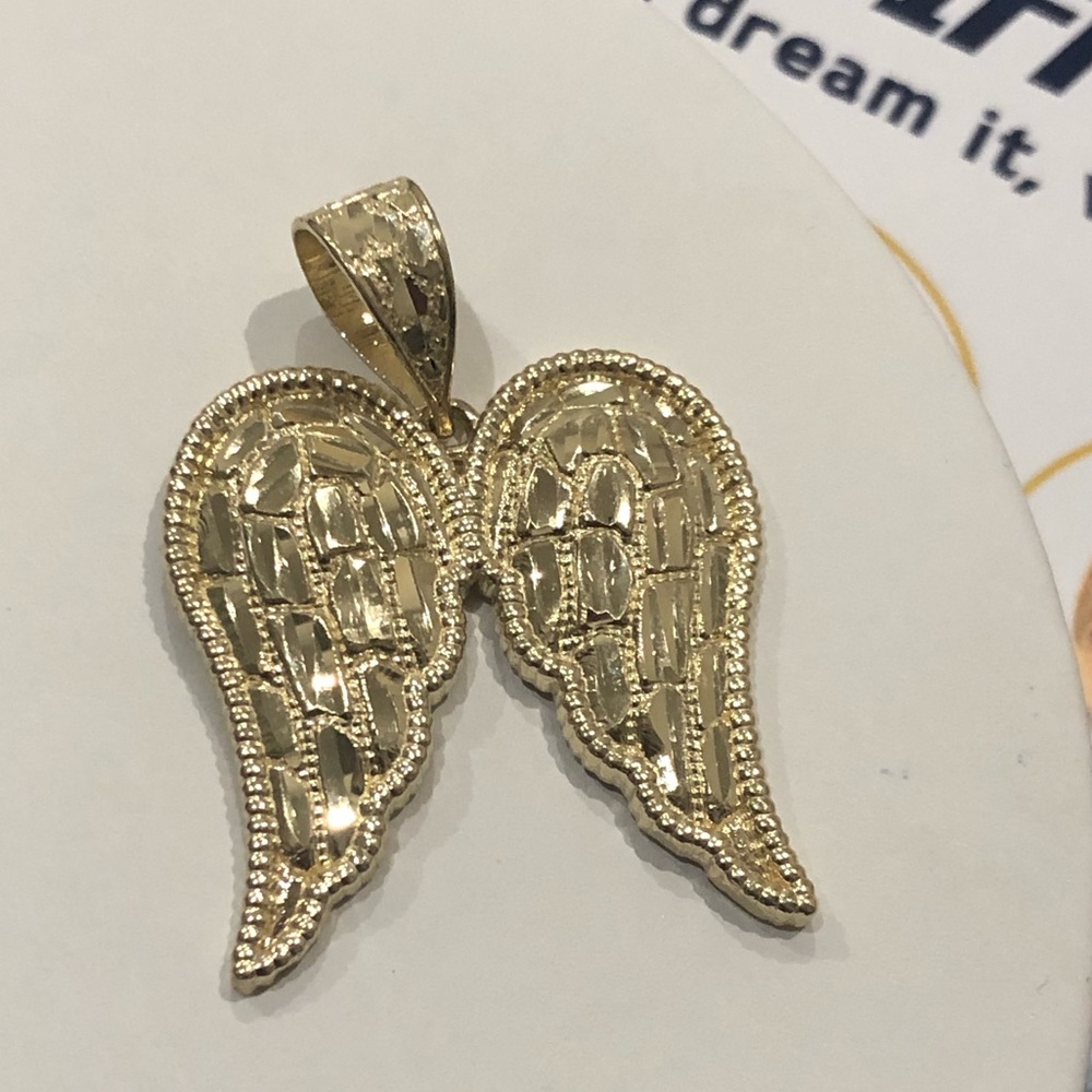10k Real Gold custom made diamond cut angel wing pendant, solid gold angel charm